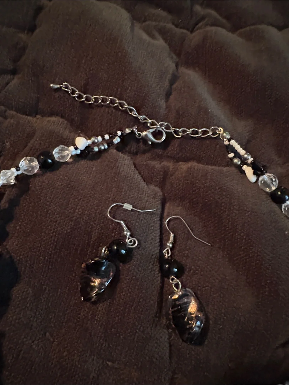Handcrafted Black and Copper Leaf Bead Necklace with Matching Earrings
